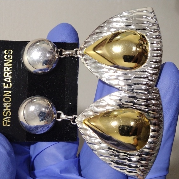 Two-Tone Triangle Drop Earrings | Polished Silver & Gold Teardrop Dangle Jewelry - Picture 5 of 7